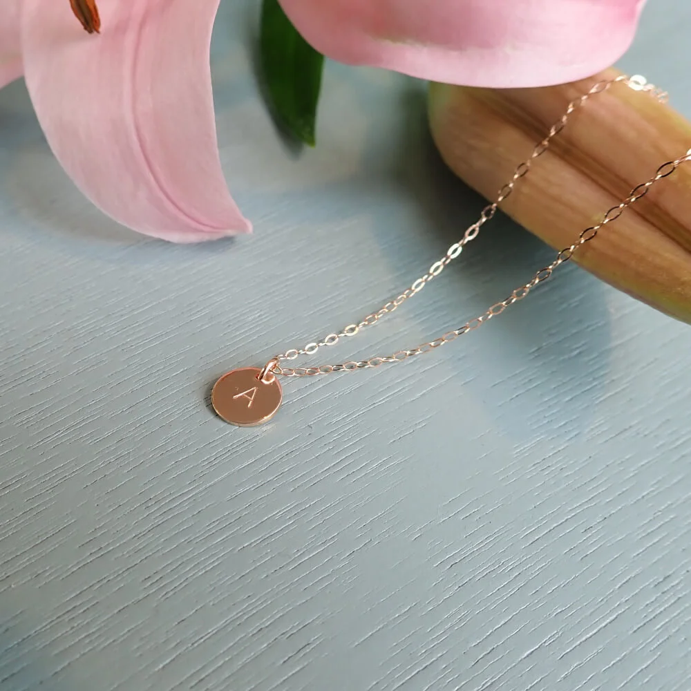 Rose Gold Tiny Disc Initial Necklace